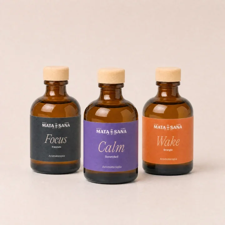 MATA SANA Focus, Calm and Wake essential oils in amber glass bottles