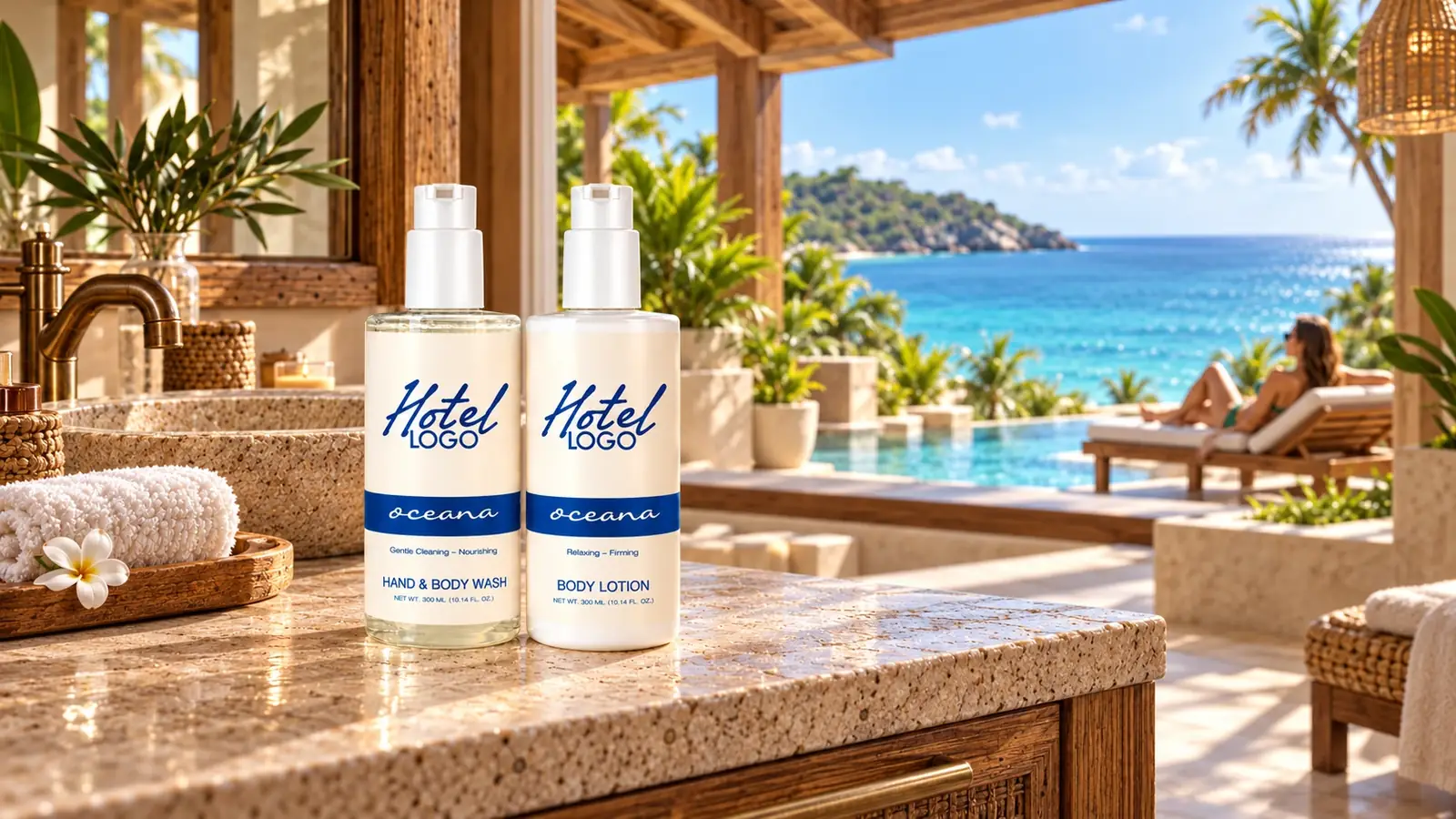 Bathroom of a sea-view suite with OCEANA bottles
