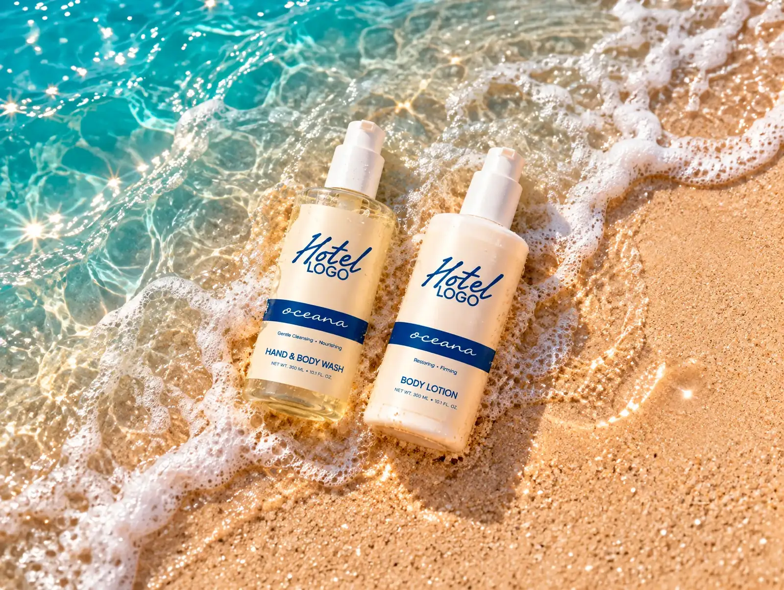 OCEANA 300 ml Hand & Body Wash and Body Lotion with the hotel's logo, on the sand and the sea foam