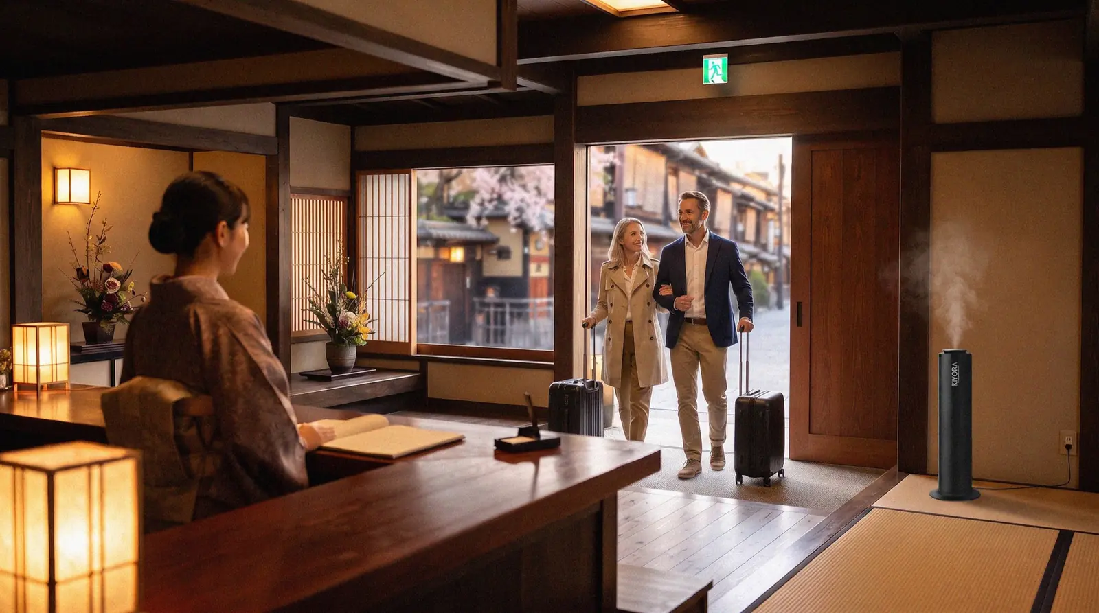 Huéspedes entrando al lobby de un hotel con un difusor de aroma KIYORA en recepción