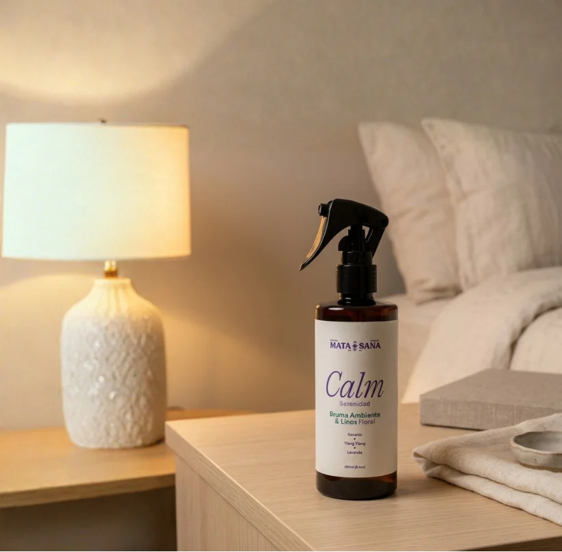 MATA SANA Calm room and linen mist on a nightstand next to the lamp
