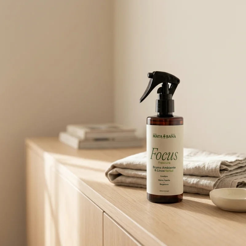 MATA SANA Focus mist on a cabinet with towels