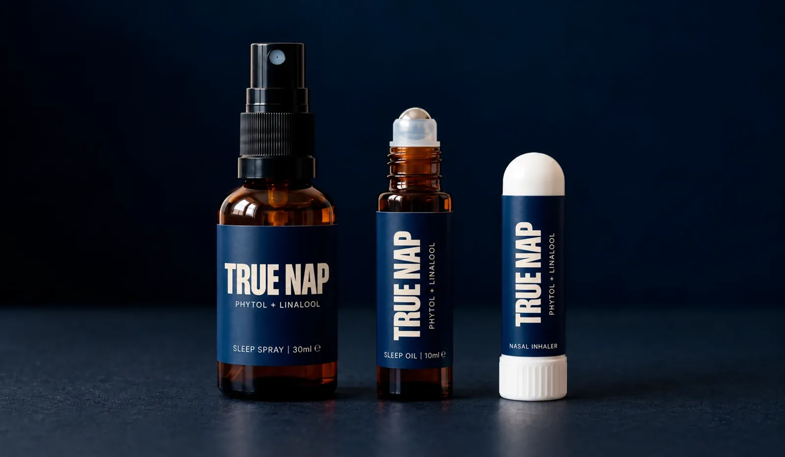 TRUE NAP: sleep spray, roll-on oil and inhaler in their new packaging