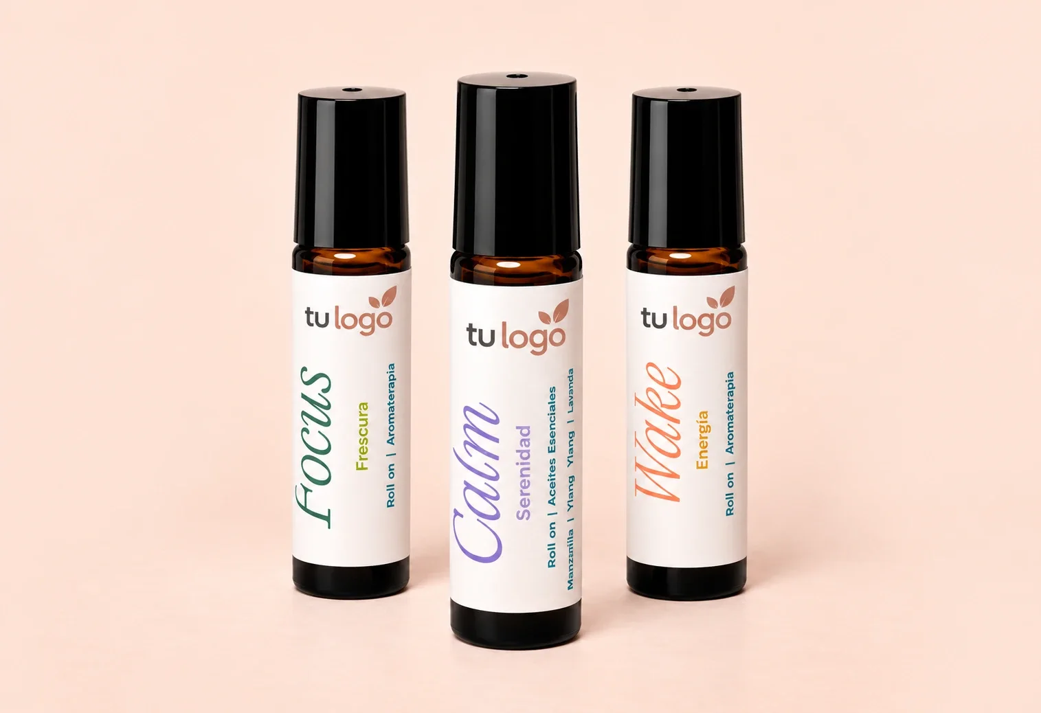 Roll-on Focus, Calm y Wake con el logo de tu empresa en la etiqueta